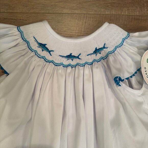 SOUTHERN SMOCKED WHITE DRESS NEW BLUE MARLINS FISH SIZE 8 - Picture 3 of 11
